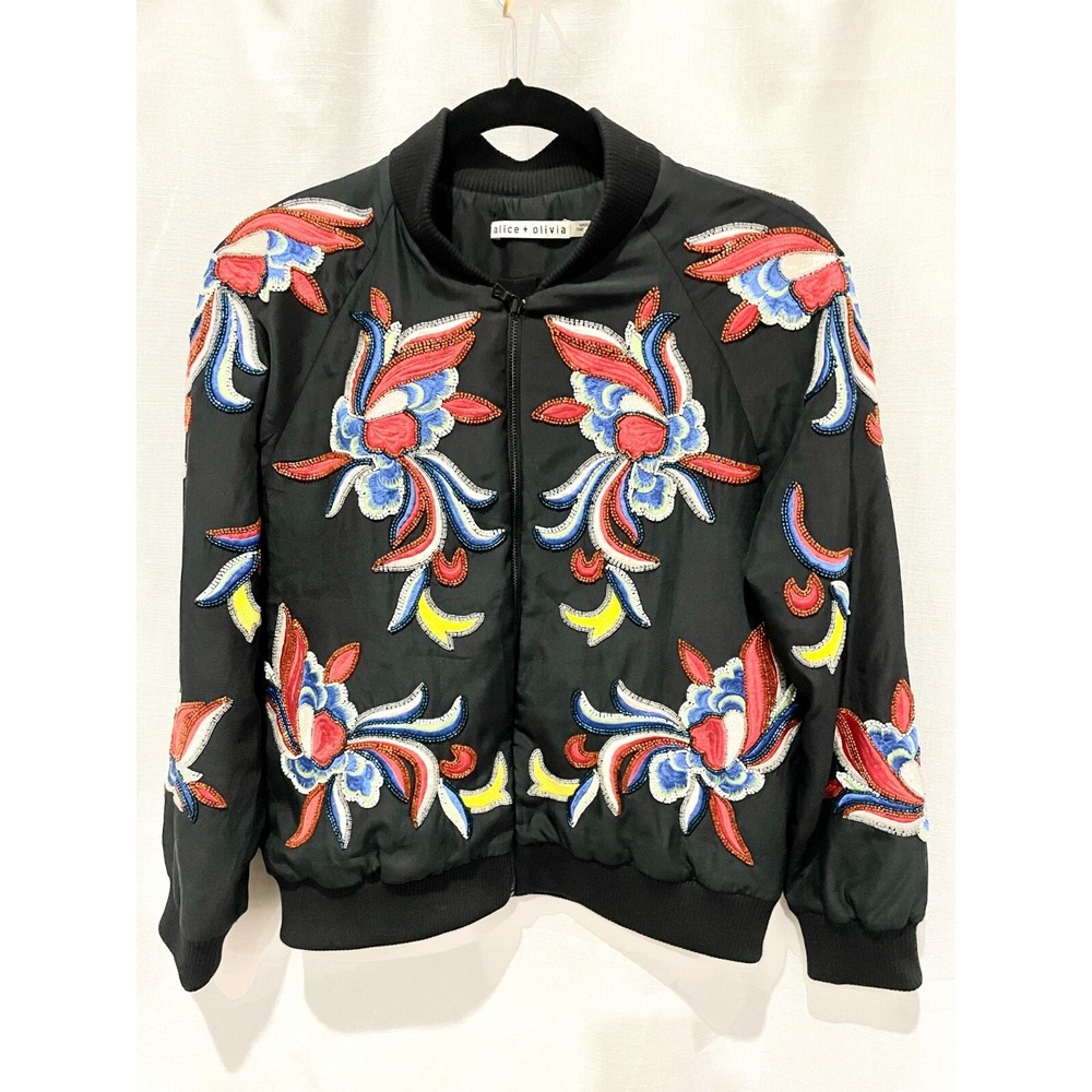Alice + Olivia Felisa Womens Small Black Embellished Floral Bomber Jacket NWOT